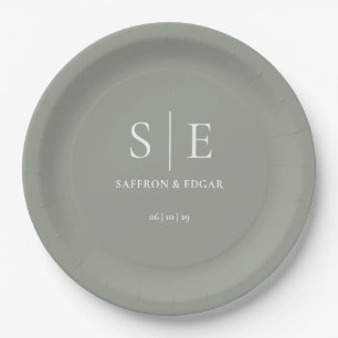 Sage Green Minimalist Monogram Wedding Paper Plate