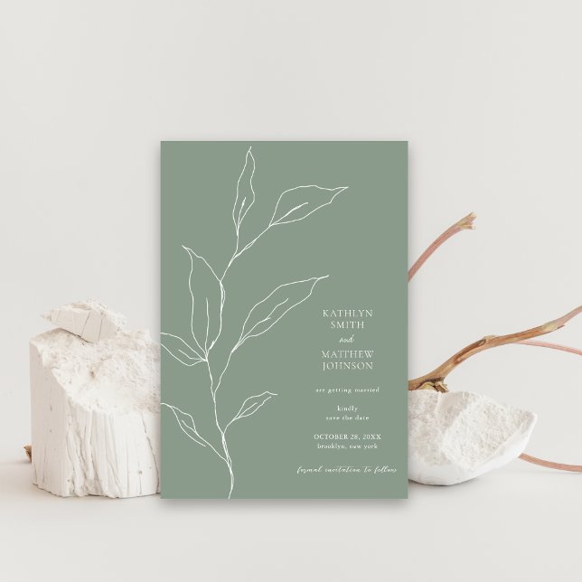 Sage Green Minimalist Olive Leaf Branch Greenery Save The Date (Creator Uploaded)