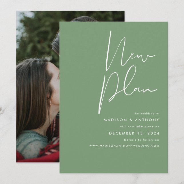 Sage Green Minimalist Photo New Plan Wedding Announcement (Front/Back)