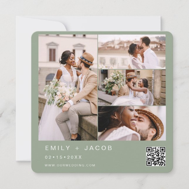 Sage Green Minimalist Photo QR code Wedding Invitation (Front)
