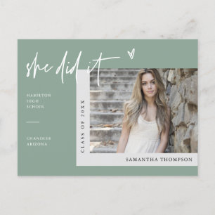 Sage Green Minimalist Photo She Did It Graduation Postcard