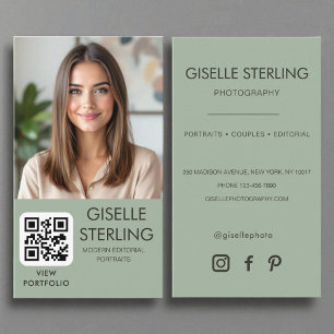 Sage Green Minimalist Photographer Photo QR Code  Business Card