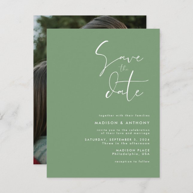 Sage Green Minimalist Save the Date Wedding Photo Invitation Postcard (Front/Back)