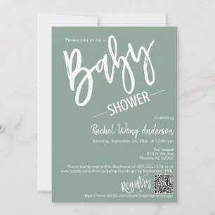 Sage Green Minimalist Script Baby Shower QR Code Invitation