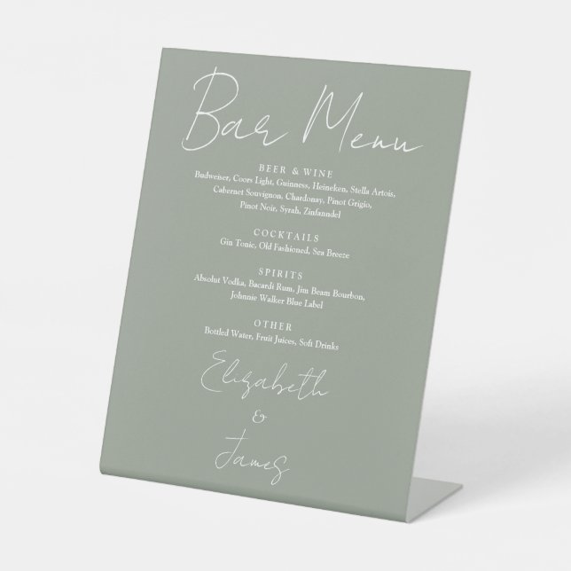 Sage Green Minimalist Script Bar Menu Pedestal Sign (Front)