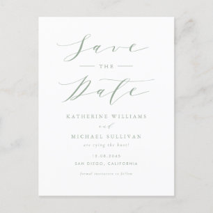 Sage Green Minimalist Script QR Code Save the Date Postcard