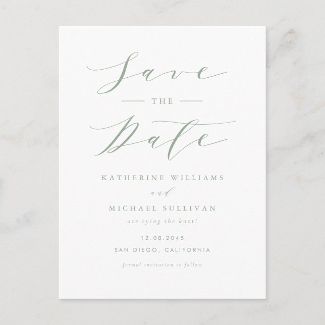 Sage Green Minimalist Script QR Code Save the Date Postcard (Front)
