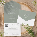 Sage Green Minimalist Script QR Code Wedding All In One Invitation<br><div class="desc">All in one sage green wedding invitation featuring elegant hearts script typography and monogram initials. The invitation includes a perforated RSVP card with your wedding website QR code and details. Designed by Thisisnotme©</div>