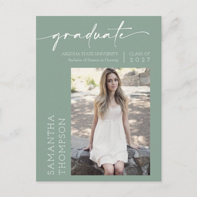 Sage Green Minimalist Script She Did It Photo Grad Postcard (Front)
