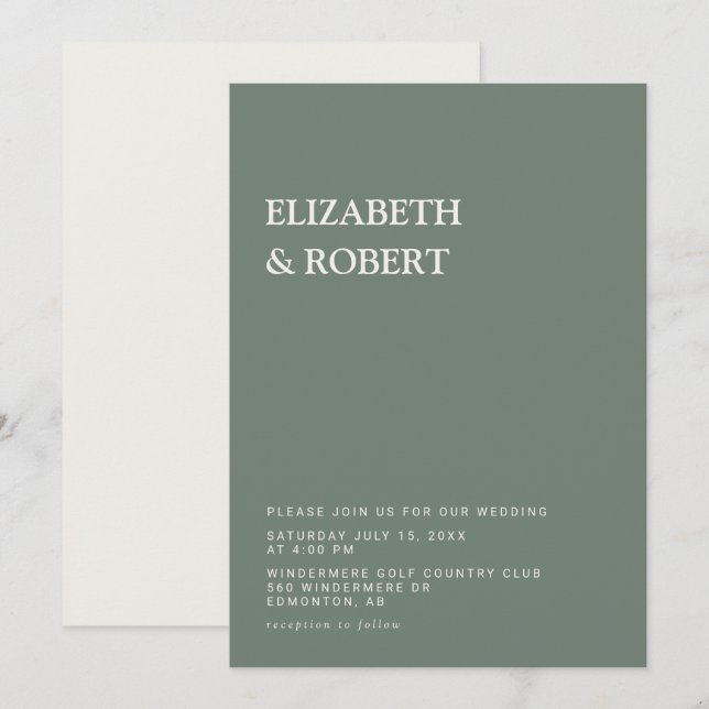 Sage Green Minimalist Simple Modern wedding Invitation (Front/Back)