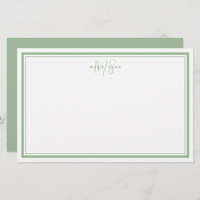 Sage Green Minimalist Simple Monogram Two Border Stationery (Front/Back)