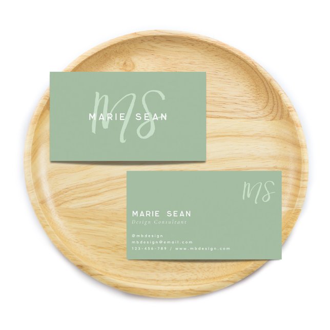 Sage Green Minimalist Simple Two Monogram Business Card (Creator Uploaded)