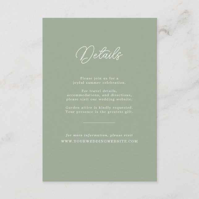 Sage Green Minimalist Wedding Details Card (Front)