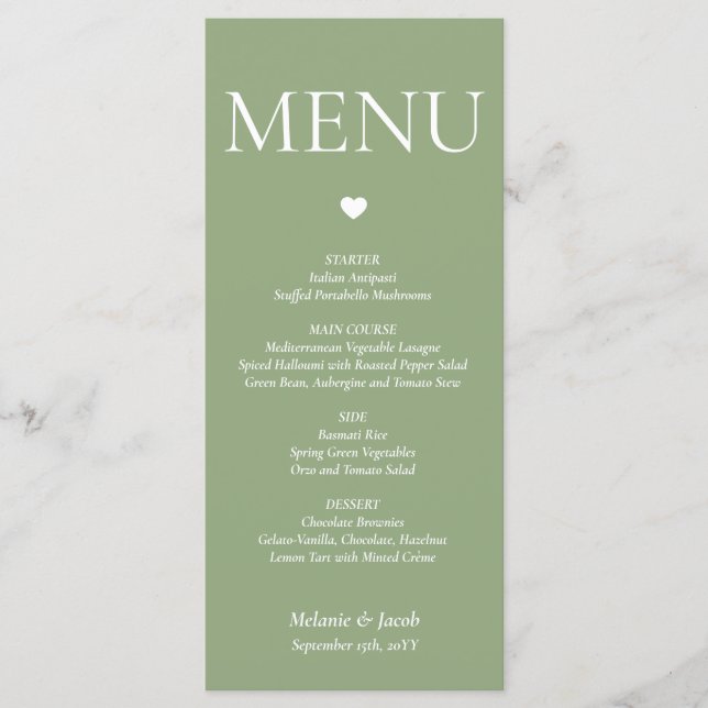 Sage Green Minimalist Wedding Menu Flat Card (Front)