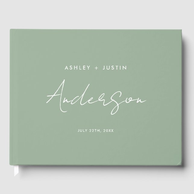 Sage Green Minimalist Wedding Personalised Guest Book (Front)