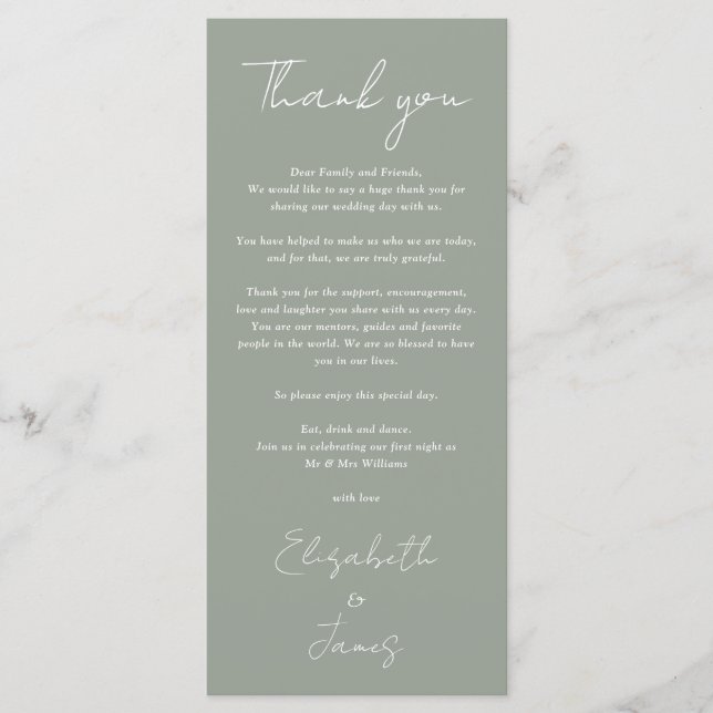 Sage Green Minimalist Wedding Thank You Place Card (Front)