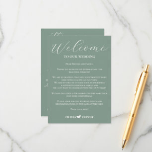 Sage green minimalist wedding weekend itinerary enclosure card