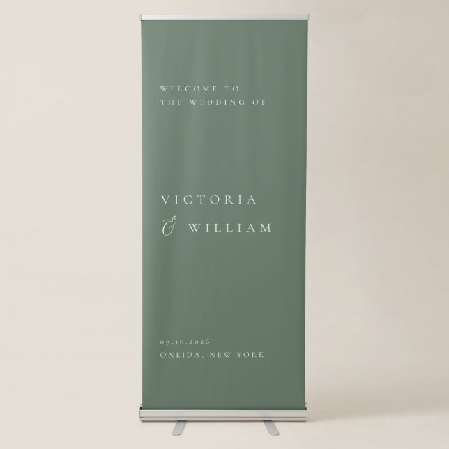 Sage Green Minimalist Wedding Welcome Retractable Banner (Front)