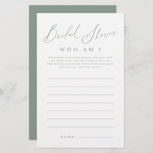 Sage green minimalist who am I bridal shower game (Front/Back)