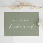 Sage Green Minimalist Woodland Bridesmaid Proposal Postcard<br><div class="desc">Invite your bridesmaid to be with this elegant sage green tcard, perfect for nature inspired and outdoor weddings. The design features a soft, muted green background and clean minimalist typography - ideal for a garden, rustic, or modern botanical theme. Fully editable text on back side. Use it in a proposal...</div>
