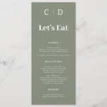 Sage Green minimlaist Monogram Wedding Flat Menu<br><div class="desc">Sage Green minimlaist Monogram Wedding Flat Menu

Modern let's eat,  sage green wedding menu featuring the couples monograms and editable modern serif font text.</div>