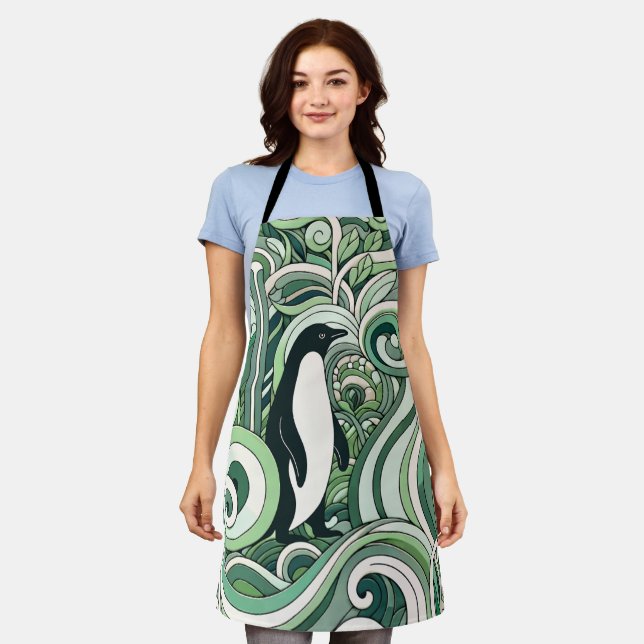 Sage Green Mint Pastel Green Penguin In Swirl Art  Apron (Worn)
