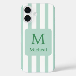 Sage Green Mint Stripes Monogram Classic Font iPhone 16 Case