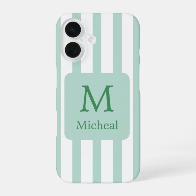 Sage Green Mint Stripes Monogram Classic Font iPhone 16 Case (Back)