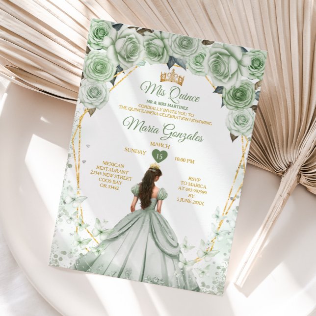 Sage Green Mis Quince 15 Anos Gold Crown Butterfly Invitation (Creator Uploaded)