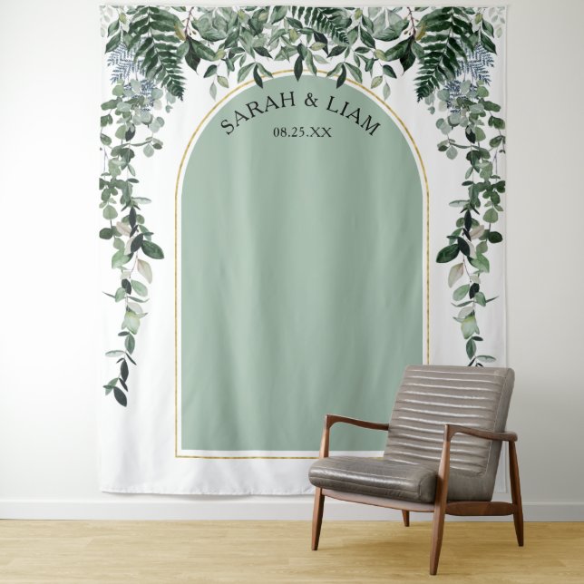 Sage Green Modern arch Greenery wedding backdrop Tapestry (In Situ)