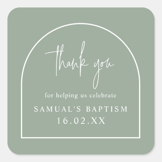 Sage Green Modern Arch Minimal Christening Favour Square Sticker (Front)