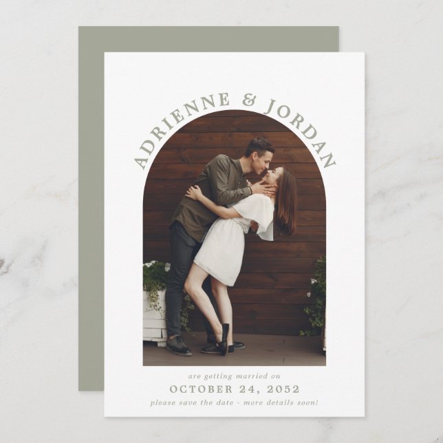 Sage Green Modern Arch Photo Save the Date (Front/Back)