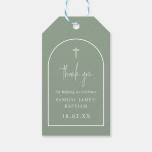 Sage Green Modern Arch Script Minimalist Baptism Gift Tags