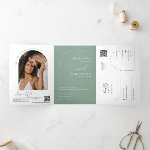Sage Green Modern Boho Arch Photo QR Code Wedding Tri-Fold Invitation