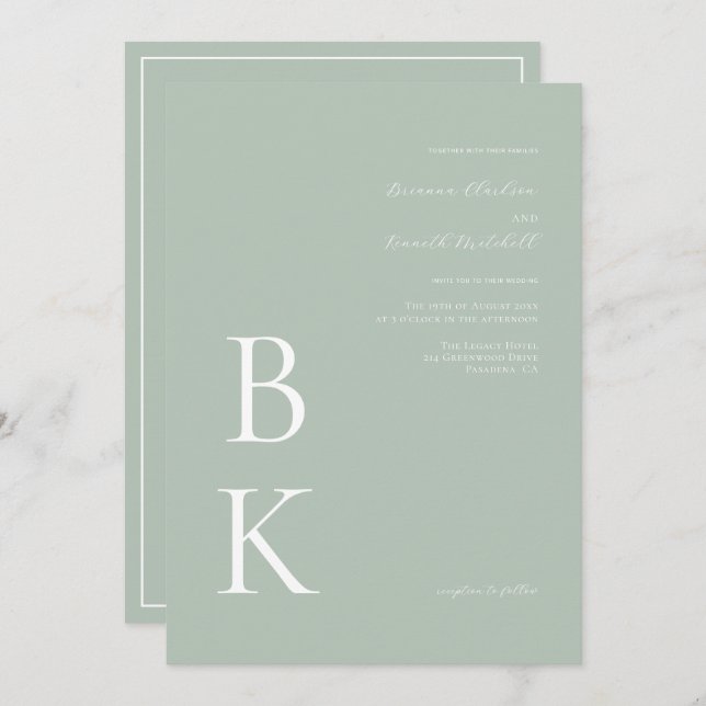 Sage Green Modern Bold Monogram Typography Wedding Invitation (Front/Back)