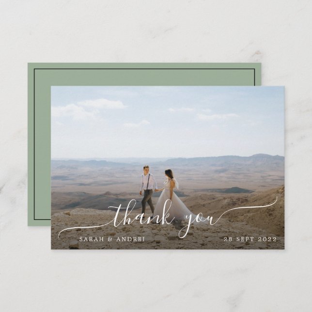 Sage Green Modern Border Photo Script Wedding Thank You Card (Front/Back)