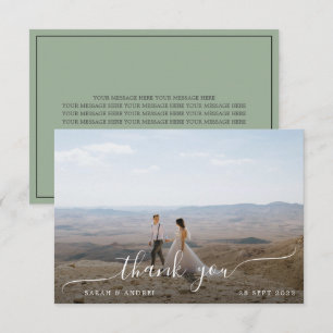 Sage Green Modern Border Photo Script Wedding Thank You Card