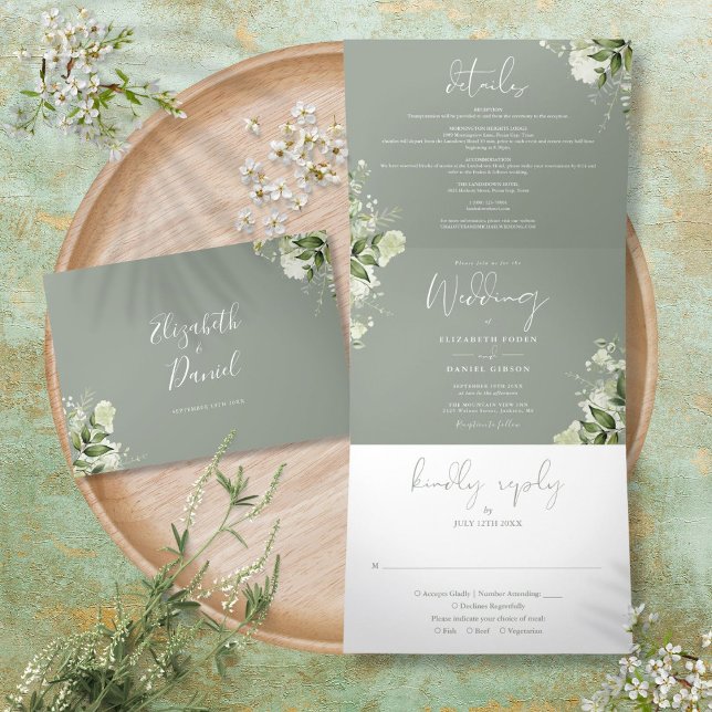 Sage Green Modern Botanical Greenery Photo Wedding Tri-Fold Invitation (Sage Green Modern Botanical Greenery Photo Wedding Tri-Fold Invitation)