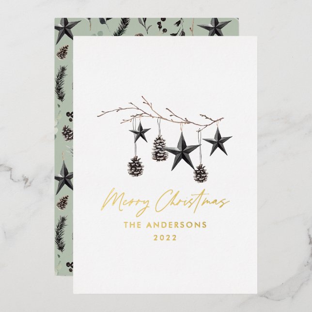 Sage green modern botanical scandi Christmas Foil Holiday Card (Front/Back)