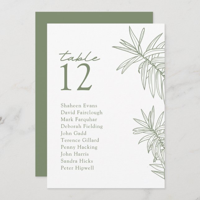 Sage Green Modern Botanical Table Seating Card (Front/Back)