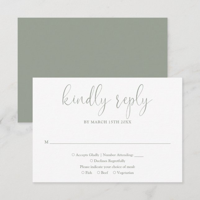 Sage Green Modern Chic Elegant Script Wedding RSVP Card (Front/Back)