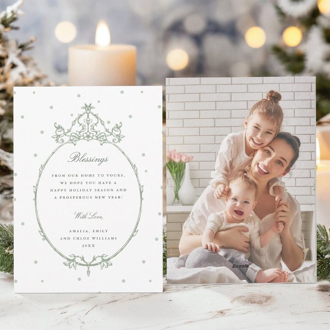 Sage Green Modern Classic Frame Photo Holiday Card (Front & Back)