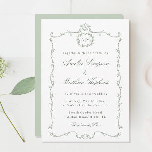 Sage Green Modern Classic French Frame Wedding  Invitation