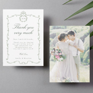 Sage Green Modern Classic French Wedding Photo Thank You Card
