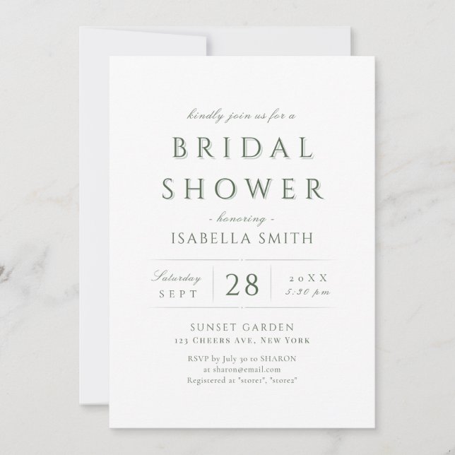 Sage Green Modern Classy Luxury Bridal Shower Invitation (Front)