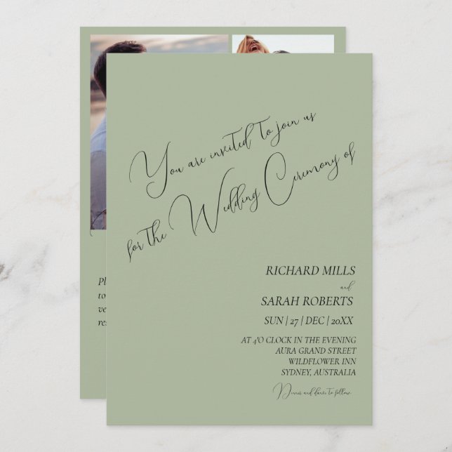 Sage Green Modern Custom Photo Collage Wedding Invitation (Front/Back)