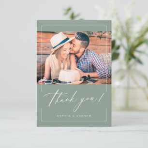 Sage Green modern elegant script photo wedding Thank You Card