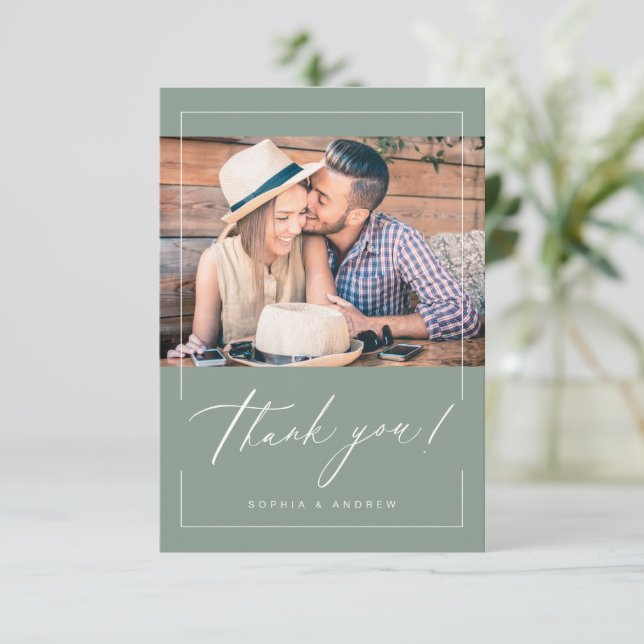 Sage Green modern elegant script photo wedding Thank You Card (Standing Front)