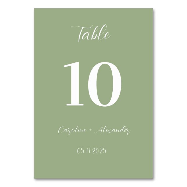 Sage Green Modern Elegant Unique Wedding Table Number (Front)
