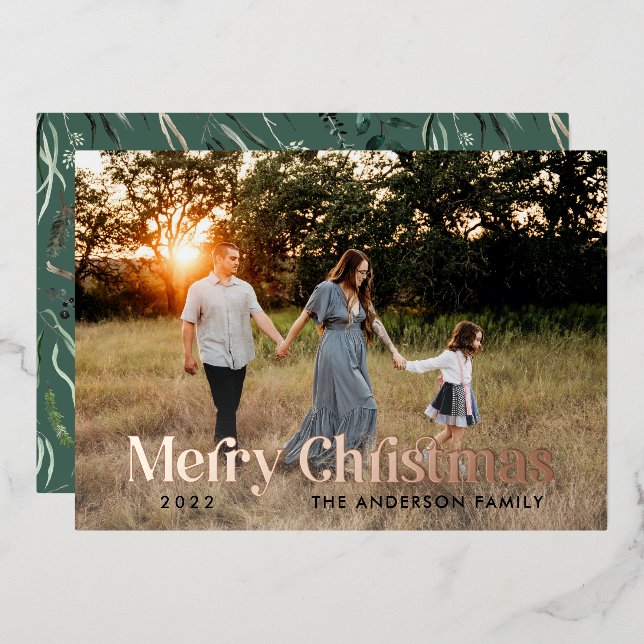 Sage green modern elegant watercolor botanical foil holiday card (Front/Back)